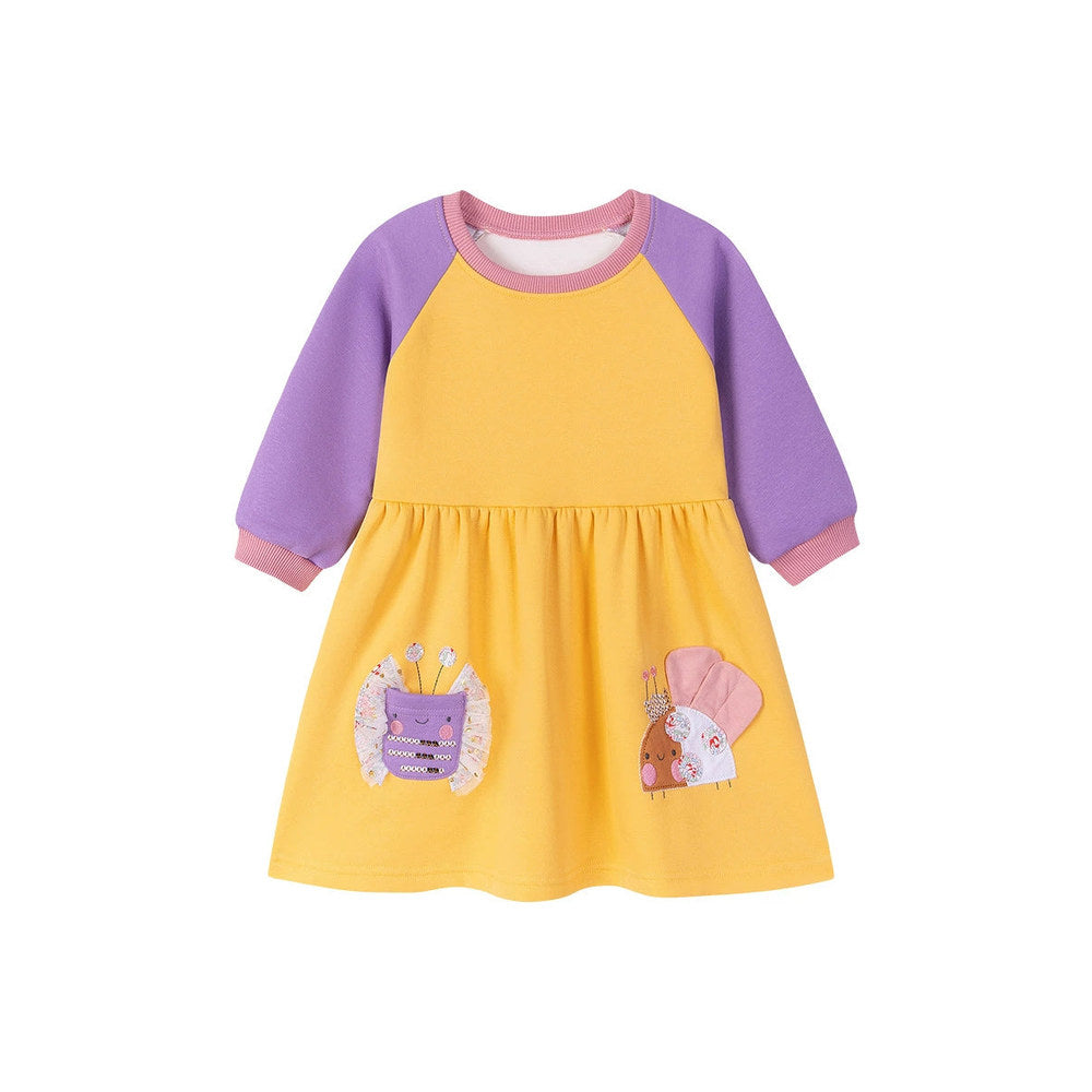 MyKids-USA® Cartoon Pattern Color Patchwork Long Sleeves Crew Neck Dress for Stylish Girls