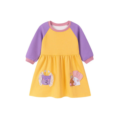 MyKids-USA® Cartoon Pattern Color Patchwork Long Sleeves Crew Neck Dress for Stylish Girls