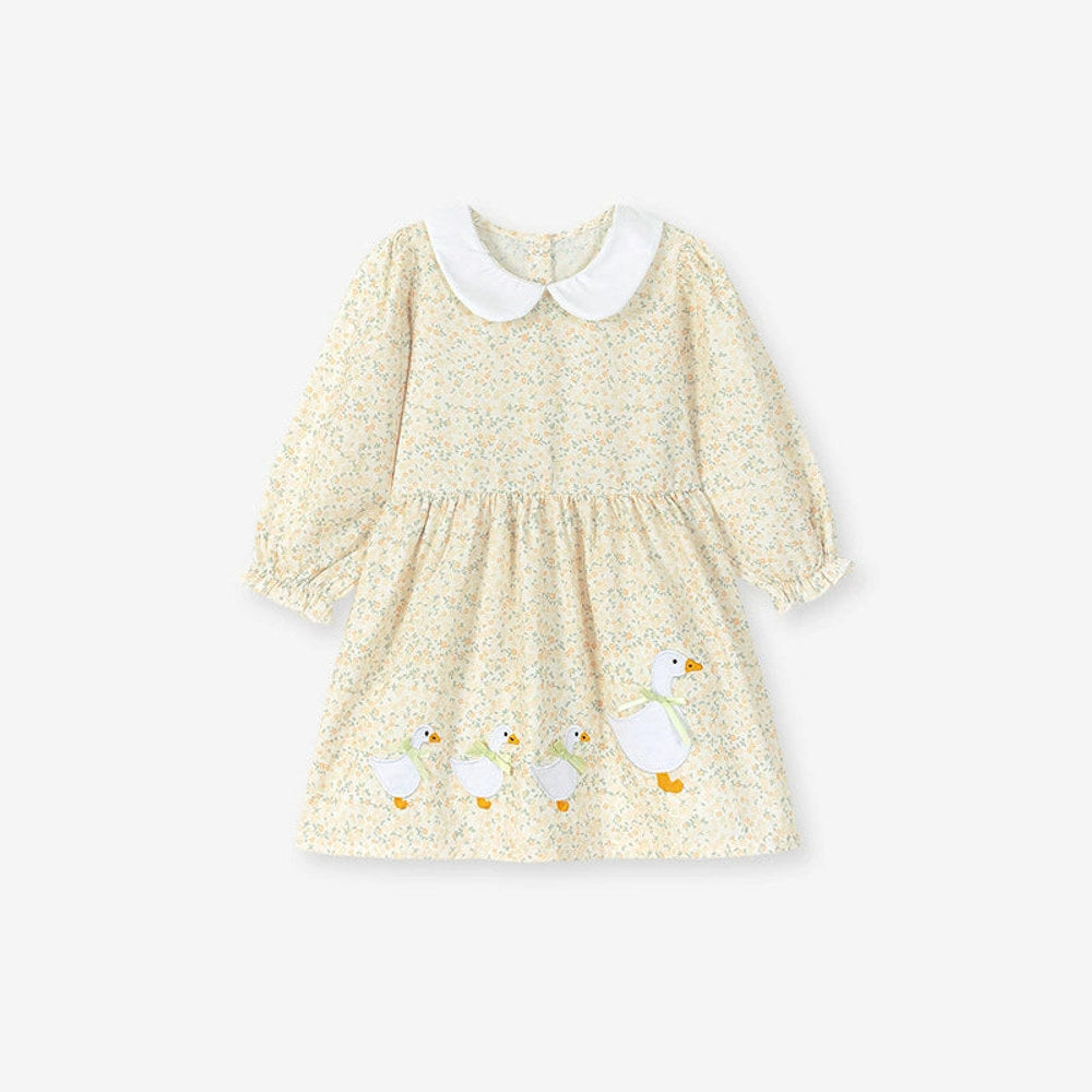 MyKids-USA® Cartoon and Floral Pattern Long Sleeves Dress with Peter Pan Collar for Stylish Girls