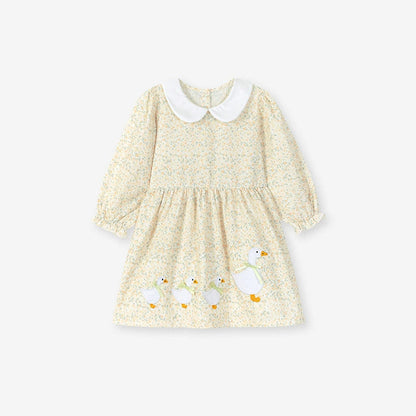 MyKids-USA® Cartoon and Floral Pattern Long Sleeves Dress with Peter Pan Collar for Stylish Girls