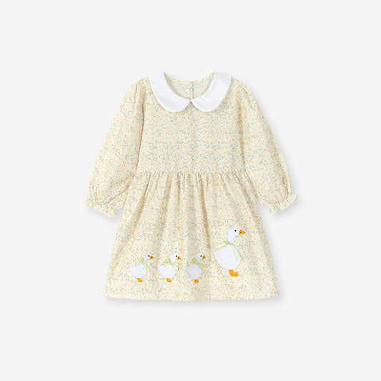 MyKids-USA® Autumn and Spring Arrival Cartoon and Floral Pattern Long Sleeves Dress with Peter Pan Collar for Stylish Girls