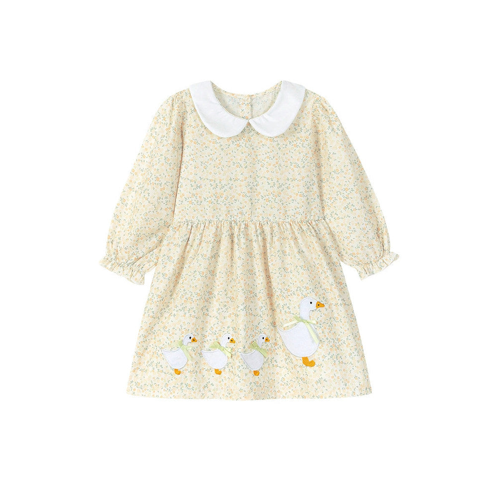 MyKids-USA® Cartoon and Floral Pattern Long Sleeves Dress with Peter Pan Collar for Stylish Girls