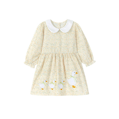 MyKids-USA® Cartoon and Floral Pattern Long Sleeves Dress with Peter Pan Collar for Stylish Girls