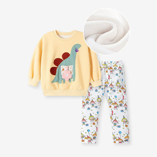 MyKids-USA® Girls Dinosaurs Cartoon Pattern Long Sleeves Sweatshirt and White Pants Clothing Set