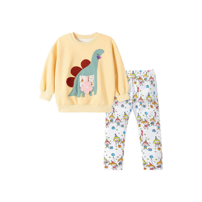 MyKids-USA® Girls Dinosaurs Cartoon Pattern Long Sleeves Sweatshirt and White Pants Clothing Set
