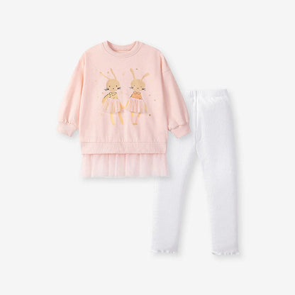 MyKids-USA® Girls Rabbits Cartoon Pattern Long Sleeves Sweatshirt and White Pants Clothing Set
