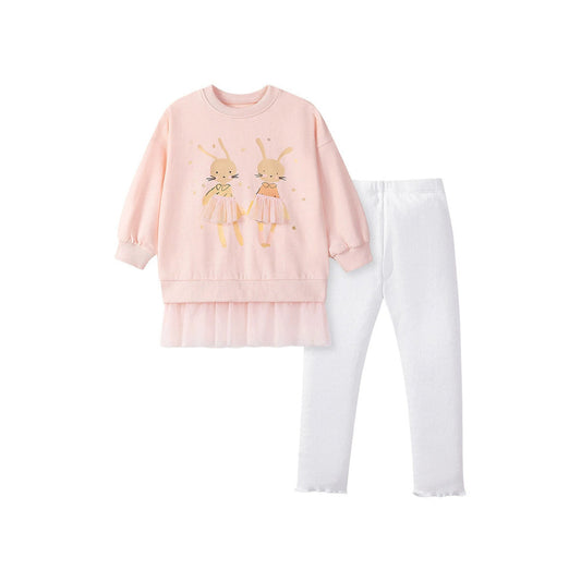 MyKids-USA® Girls Rabbits Cartoon Pattern Long Sleeves Sweatshirt and White Pants Clothing Set