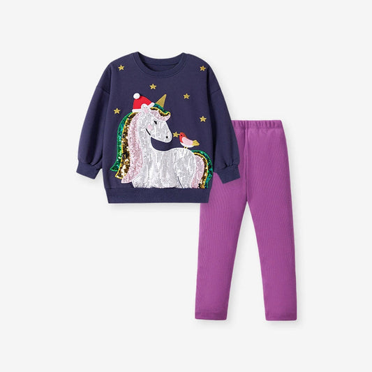 MyKids-USA® Girls Unicorn Cartoon Pattern Long Sleeves Sweatshirt and Purple Pants Clothing Set