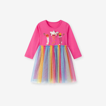 MyKids-USA® Cartoon Pattern Long Sleeves Dress with Colorful Tulle for Stylish Girls