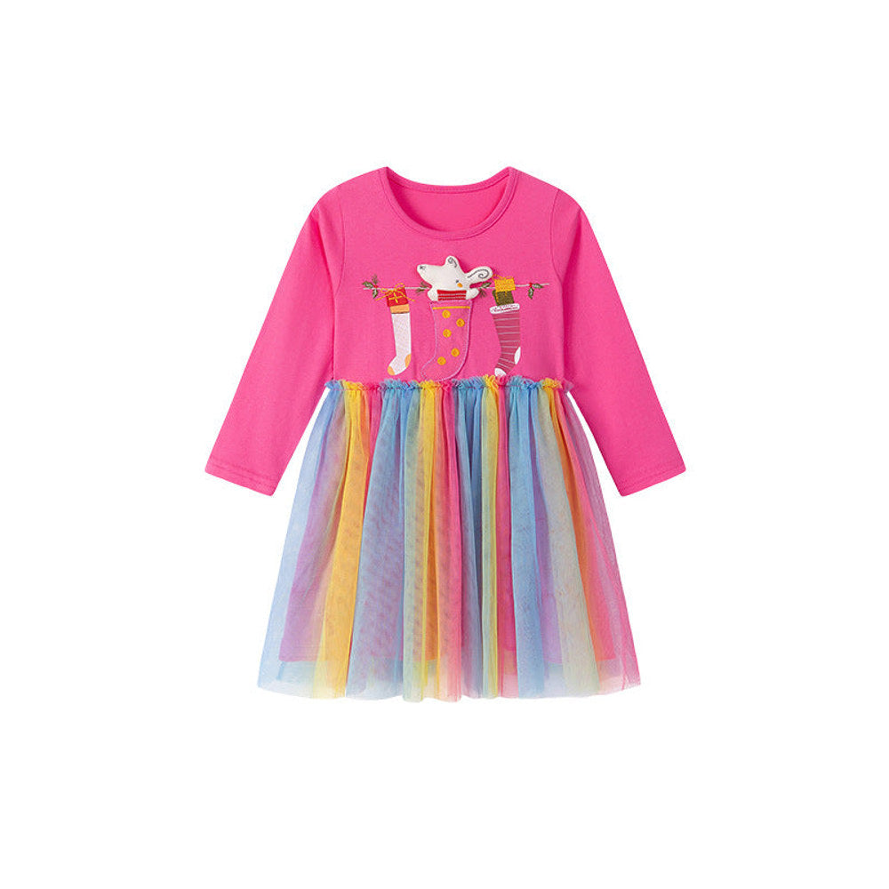 MyKids-USA® Cartoon Pattern Long Sleeves Dress with Colorful Tulle for Stylish Girls