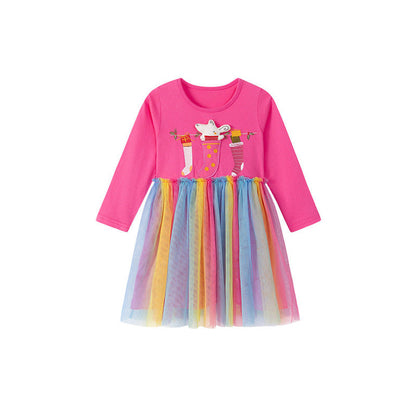 MyKids-USA® Cartoon Pattern Long Sleeves Dress with Colorful Tulle for Stylish Girls