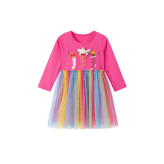 MyKids-USA® Autumn and Spring Arrival Cartoon Pattern Long Sleeves Dress with Colorful Tulle for Stylish Girls