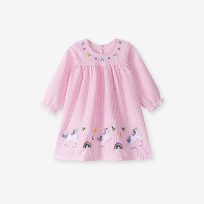MyKids-USA® Cartoon Pattern Long Sleeves Plaid Dress for Stylish Girls