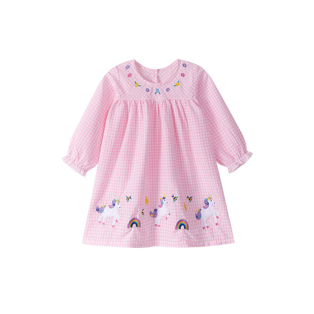MyKids-USA® Cartoon Pattern Long Sleeves Plaid Dress for Stylish Girls