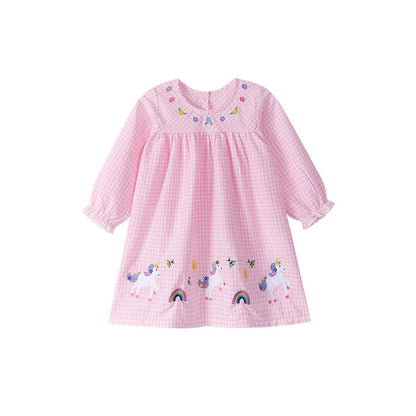 MyKids-USA® Cartoon Pattern Long Sleeves Plaid Dress for Stylish Girls