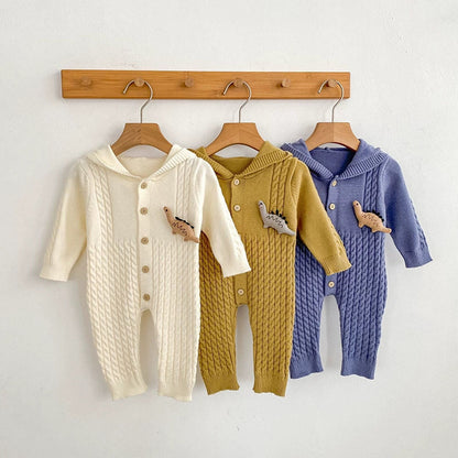 MyKids-USA® Unisex Baby’s Solid Color Geometric Jacquard and Cartoon Dinosaurs Pattern Knitted Rompers