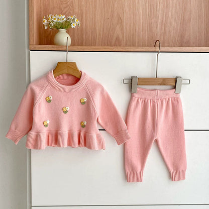 MyKids-USA® Baby Girls Long Sleeves Flowers Pattern Knitted Top with Solid Color Long Trousers Clothing Set