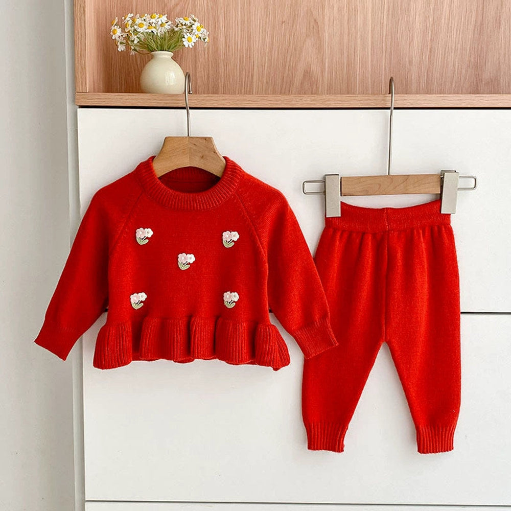 MyKids-USA® Baby Girls Long Sleeves Flowers Pattern Knitted Top with Solid Color Long Trousers Clothing Set