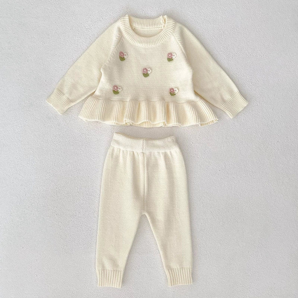 MyKids-USA® Baby Girls Long Sleeves Flowers Pattern Knitted Top with Solid Color Long Trousers Clothing Set