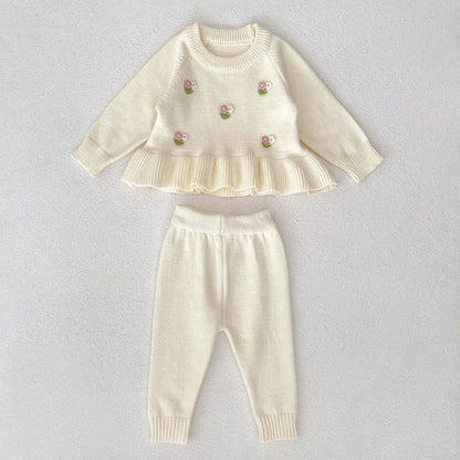 MyKids-USA® Baby Girls Long Sleeves Flowers Pattern Knitted Top with Solid Color Long Trousers Clothing Set