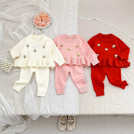 MyKids-USA® Baby Girls Long Sleeves Flowers Pattern Knitted Top with Solid Color Long Trousers Clothing Set