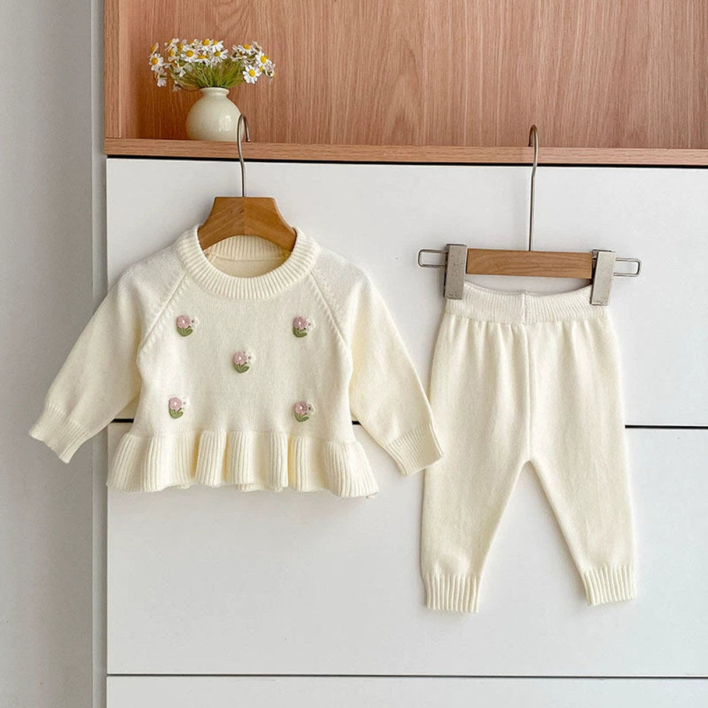 MyKids-USA® Baby Girls Long Sleeves Flowers Pattern Knitted Top with Solid Color Long Trousers Clothing Set