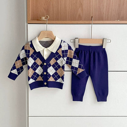 MyKids-USA® Baby Unisex Long Sleeves Argyle Pattern Knitted Top Cardigan and Long Solid Color Trousers Clothing Set