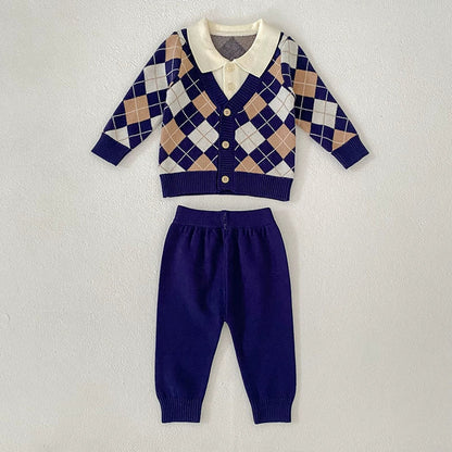 MyKids-USA® Baby Unisex Long Sleeves Argyle Pattern Knitted Top Cardigan and Long Solid Color Trousers Clothing Set