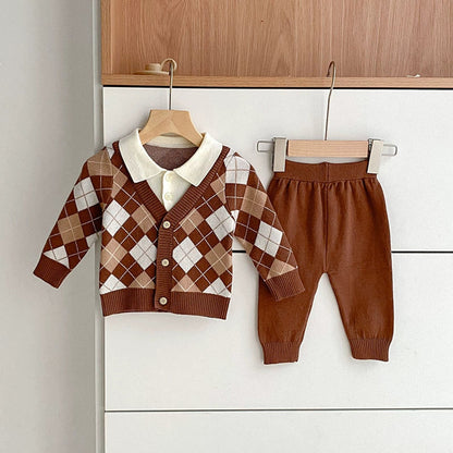 MyKids-USA® Baby Unisex Long Sleeves Argyle Pattern Knitted Top Cardigan and Long Solid Color Trousers Clothing Set