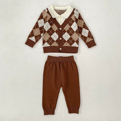 MyKids-USA® Baby Unisex Long Sleeves Argyle Pattern Knitted Top Cardigan and Long Solid Color Trousers Clothing Set