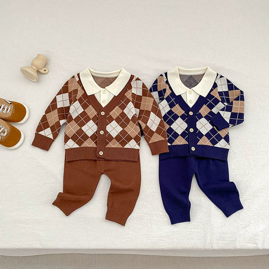 MyKids-USA® Baby Unisex Long Sleeves Argyle Pattern Knitted Top Cardigan and Long Solid Color Trousers Clothing Set