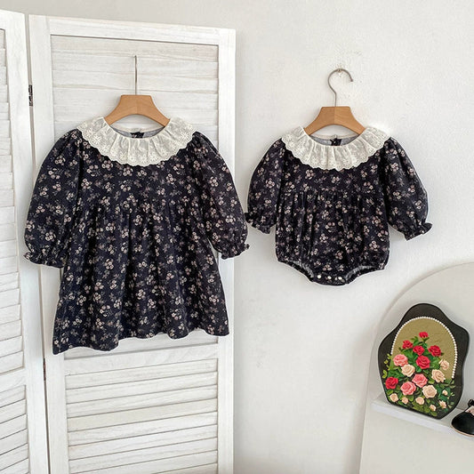 MyKids-USA® Baby Girls French-style Flowers Pattern Long Sleeves bodysuit and Dress with Collar – Princess Sister Matching Set