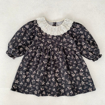 MyKids-USA® Baby Girls French-style Flowers Pattern Long Sleeves bodysuit and Dress with Collar – Princess Sister Matching Set
