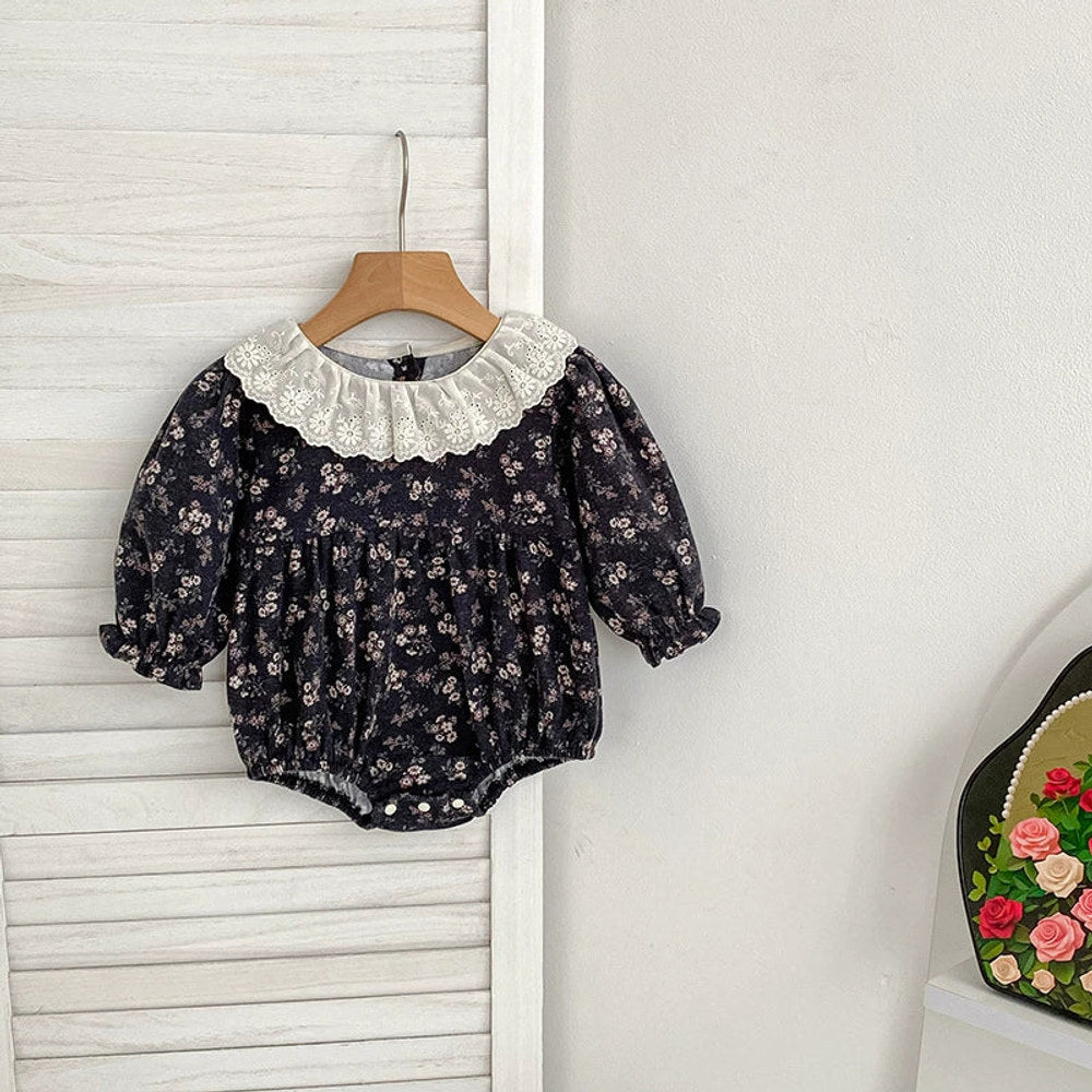 MyKids-USA® Baby Girls French-style Flowers Pattern Long Sleeves bodysuit and Dress with Collar – Princess Sister Matching Set
