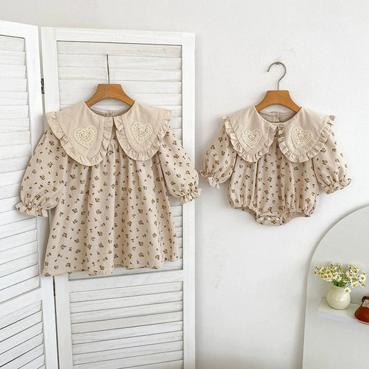 MyKids-USA® Baby Girls French-style Flowers Pattern Long Sleeves bodysuit and Dress with Collar – Princess Sister Matching Set