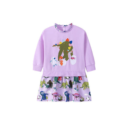 MyKids-USA® Cartoon Dinosaurs Pattern Long Sleeves Dress for Stylish Girls