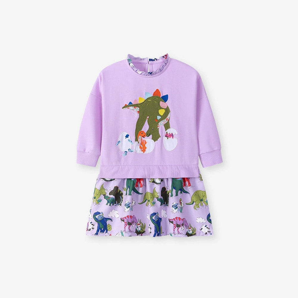 MyKids-USA® Cartoon Dinosaurs Pattern Long Sleeves Dress for Stylish Girls