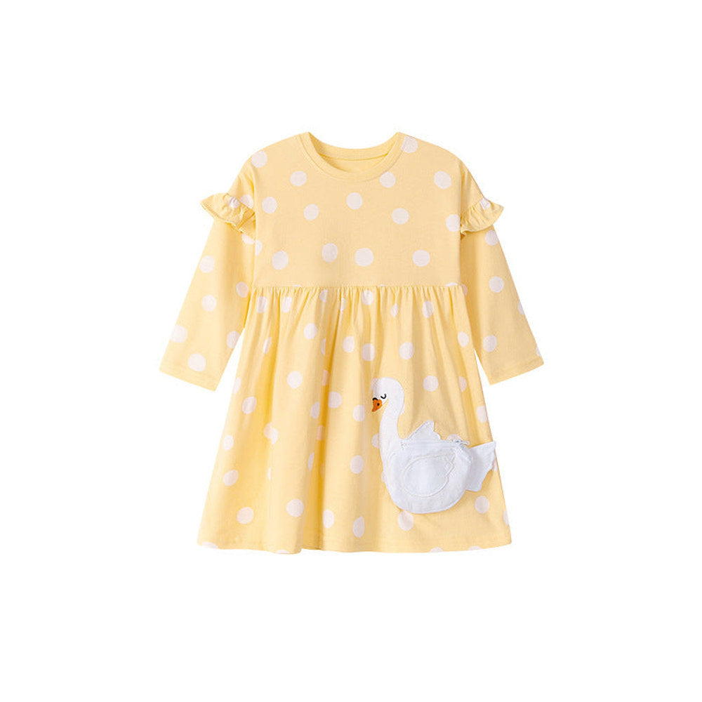 MyKids-USA® Cartoon Goose and Polka Dots Pattern Long Sleeves Dress for Stylish Girls