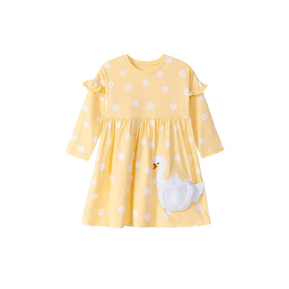 MyKids-USA® Cartoon Goose and Polka Dots Pattern Long Sleeves Dress for Stylish Girls
