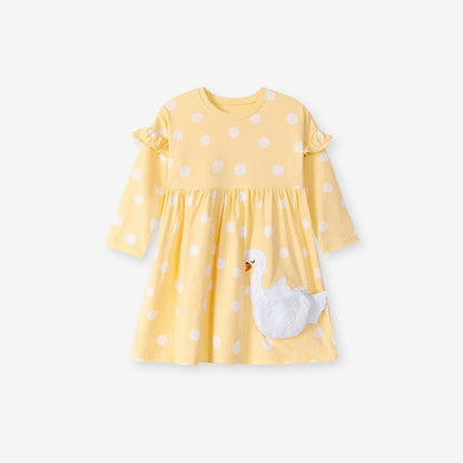 MyKids-USA® Cartoon Goose and Polka Dots Pattern Long Sleeves Dress for Stylish Girls