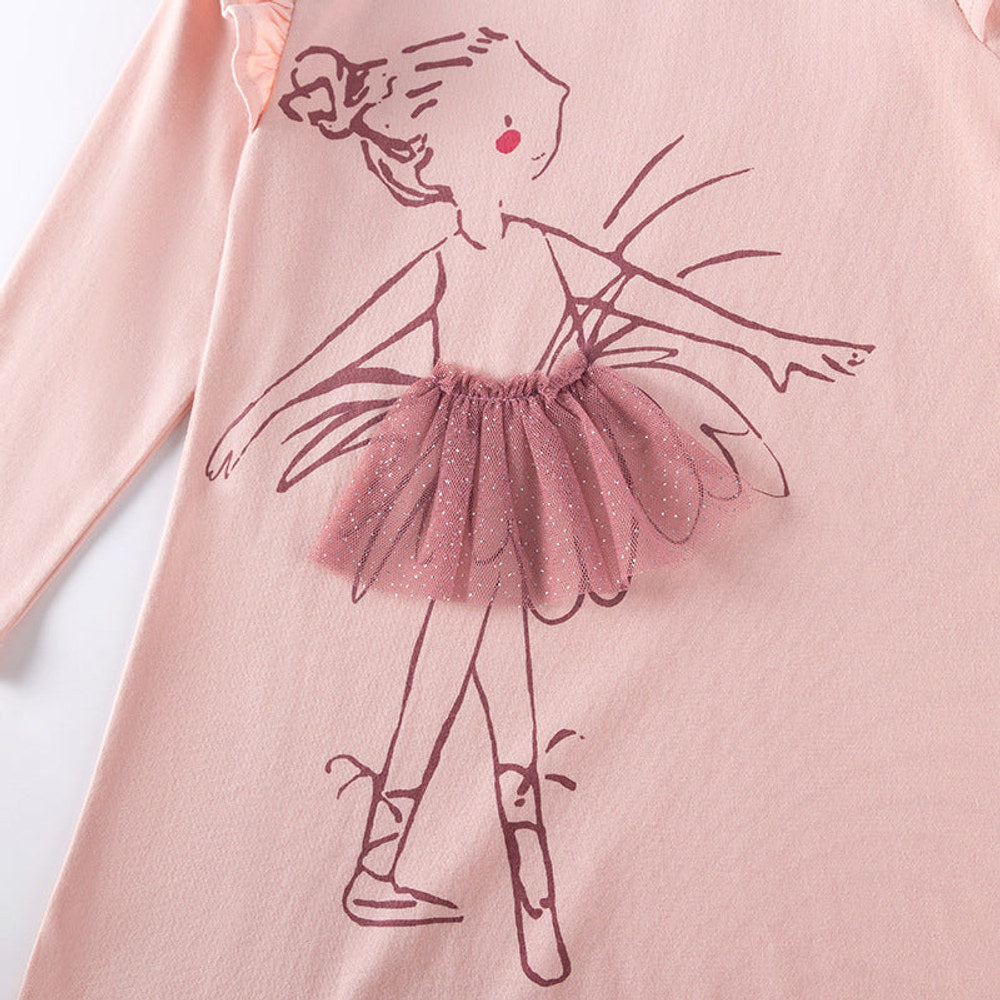 MyKids-USA® Tulle Decorated Fairy Cartoon Pattern Long Sleeves Dress for Stylish Girls