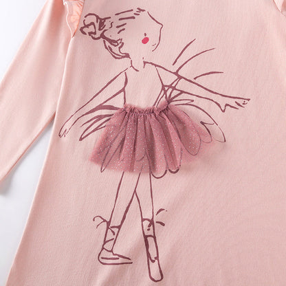 MyKids-USA® Tulle Decorated Fairy Cartoon Pattern Long Sleeves Dress for Stylish Girls