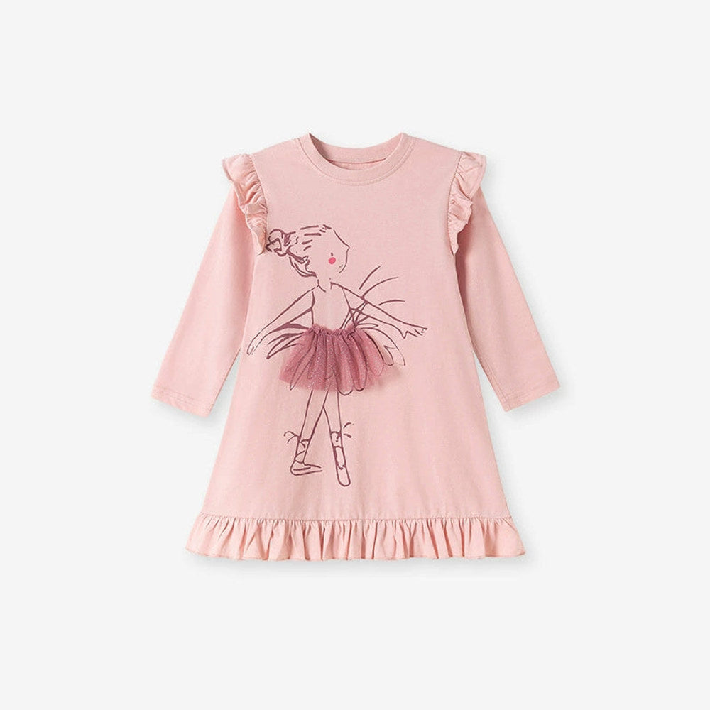 MyKids-USA® Tulle Decorated Fairy Cartoon Pattern Long Sleeves Dress for Stylish Girls