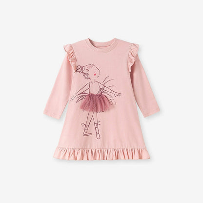 MyKids-USA® Tulle Decorated Fairy Cartoon Pattern Long Sleeves Dress for Stylish Girls