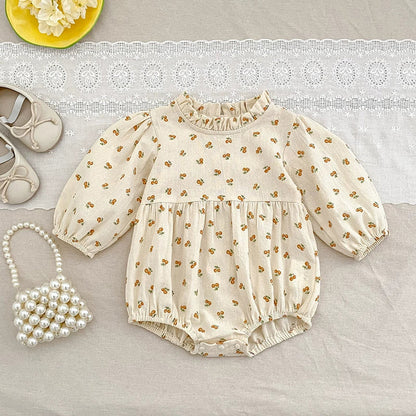 MyKids-USA® Baby Girls French-style Flowers Pattern Long Sleeves bodysuit or Dress with Ruffle Neck – Princess Sister Matching