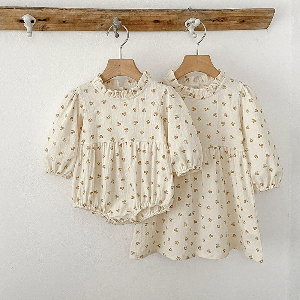 MyKids-USA® Baby Girls French-style Flowers Pattern Long Sleeves bodysuit or Dress with Ruffle Neck – Princess Sister Matching