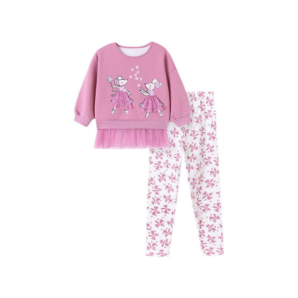 MyKids-USA® Girls Animals Cartoon Pattern Long Sleeves Tulle Patchwork Sweatshirt and Floral Pants Clothing Set