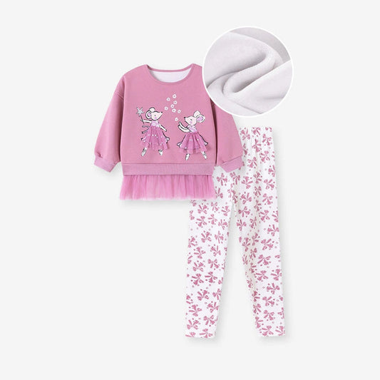MyKids-USA® Girls Animals Cartoon Pattern Long Sleeves Tulle Patchwork Sweatshirt and Floral Pants Clothing Set