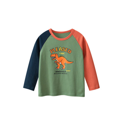 MyKids-USA® Autumn Baby Kids Boys Letters and Dinosaur Print Color Patchwork Long Sleeves Crew Neck Base Top Shirt
