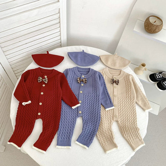 MyKids-USA® Autumn Arrival Unisex Baby’s Solid Color Geometric Jacquard Pattern Knitted Rompers with Butterfly-bow